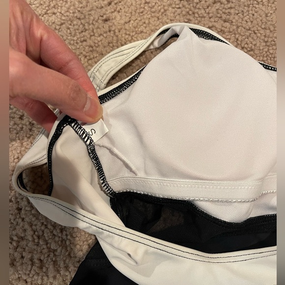 Women's Asymmetrical Padded Balck & White Mesh Insert OnePiece Swimsuit - Picture 4 of 7